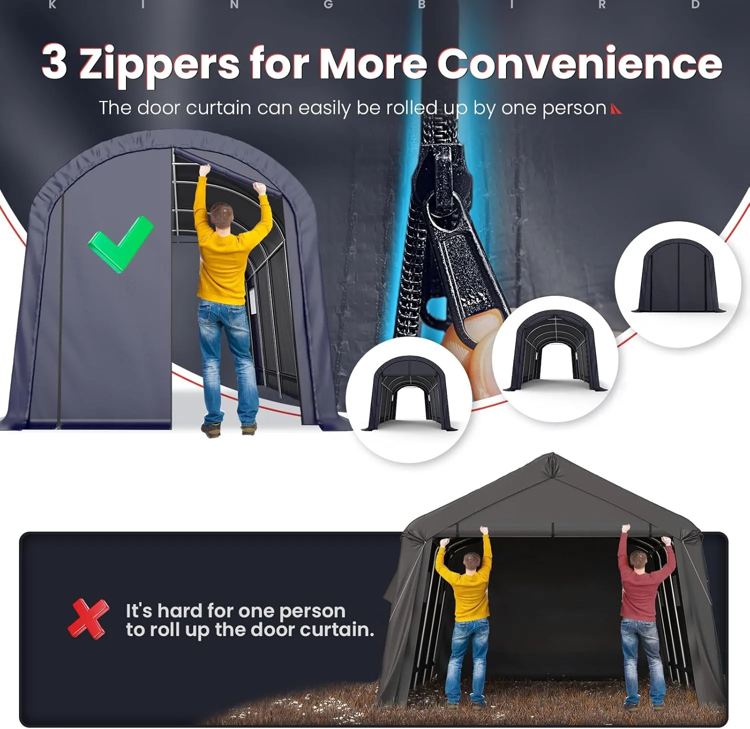 KING BIRD 10' x 20' Round Style Garage Shelter with Roll-up Ventilated Windows Heavy Duty Storage Carport Portable Canopy Storage Shelter Shed for Boat, Patio Furniture and Lawn Mower-Dark Gray