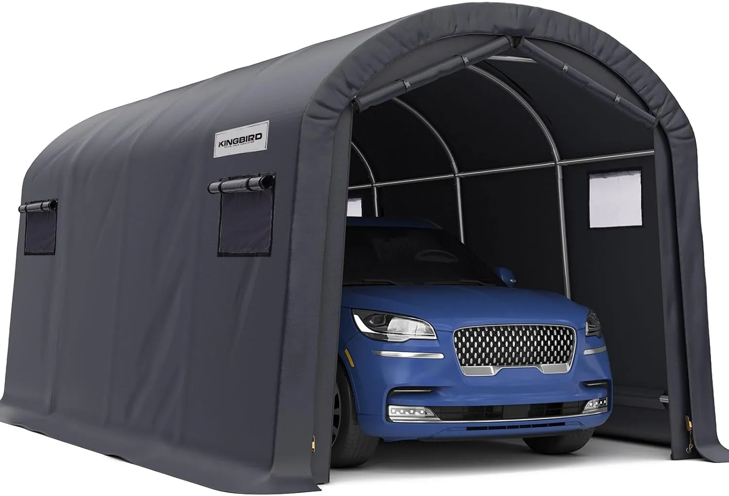 KING BIRD 10' x 20' Round Style Garage Shelter with Roll-up Ventilated Windows Heavy Duty Storage Carport Portable Canopy Storage Shelter Shed for Boat, Patio Furniture and Lawn Mower-Dark Gray