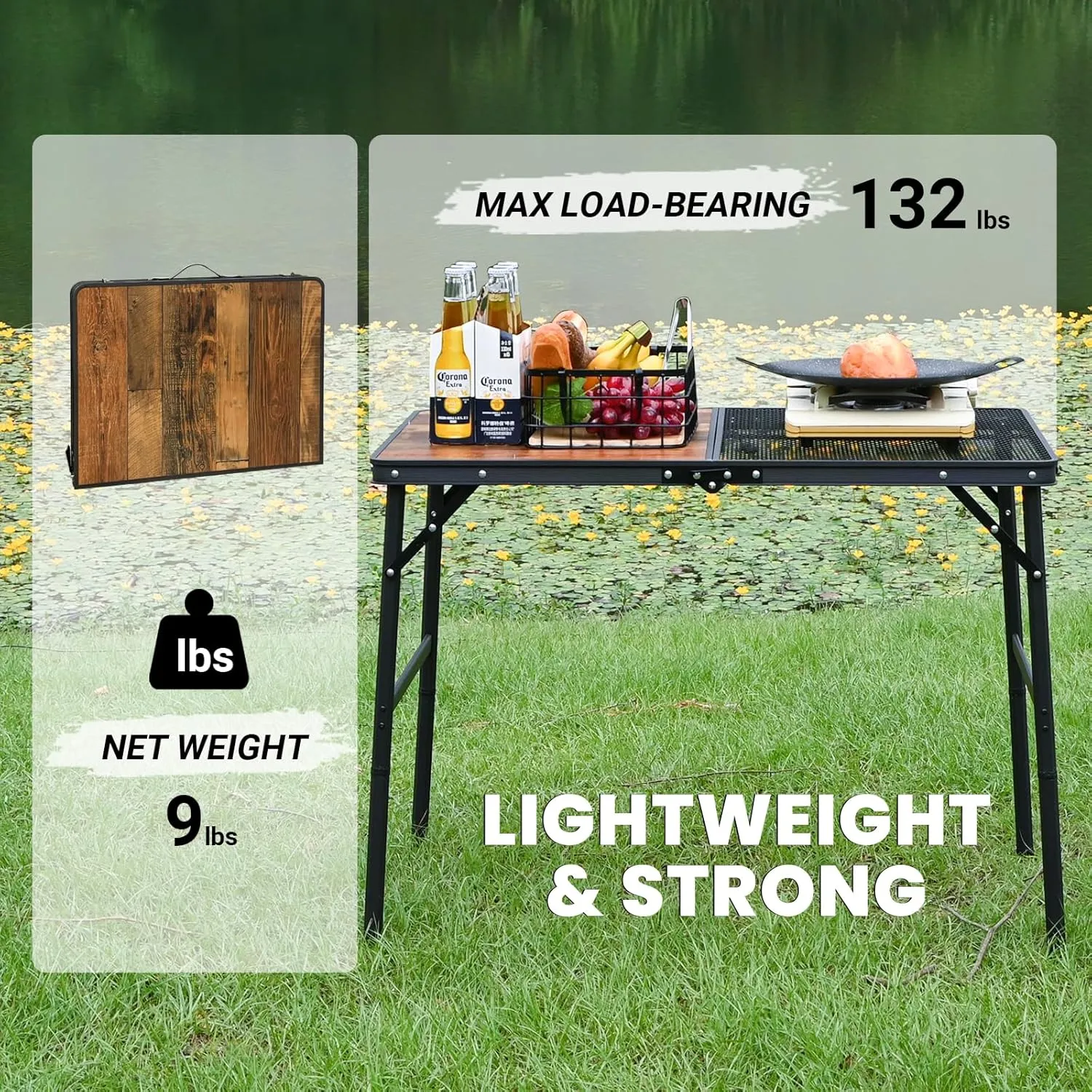 KINGROCK Folding Camping Table with Mesh Bag, Adjustable Height Grill Table for Outdoor Camping, Picnic, Patio, Dining, BBQ, Party