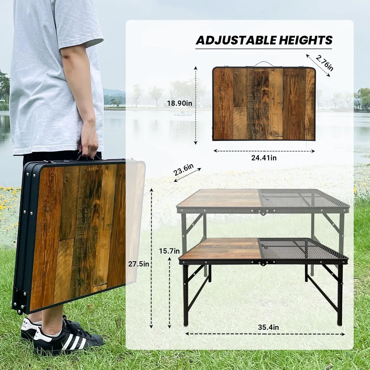 KINGROCK Folding Camping Table with Mesh Bag, Adjustable Height Grill Table for Outdoor Camping, Picnic, Patio, Dining, BBQ, Party