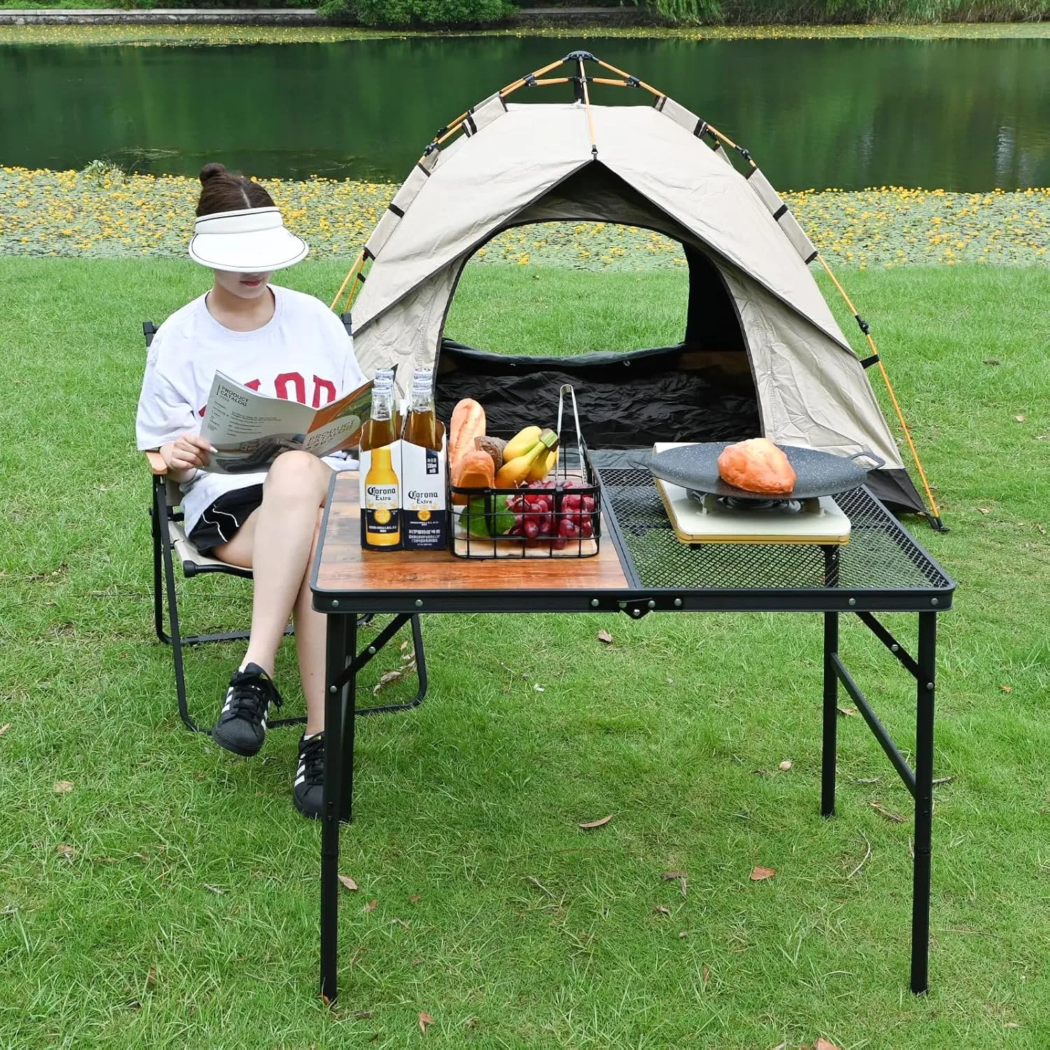 KINGROCK Folding Camping Table with Mesh Bag, Adjustable Height Grill Table for Outdoor Camping, Picnic, Patio, Dining, BBQ, Party