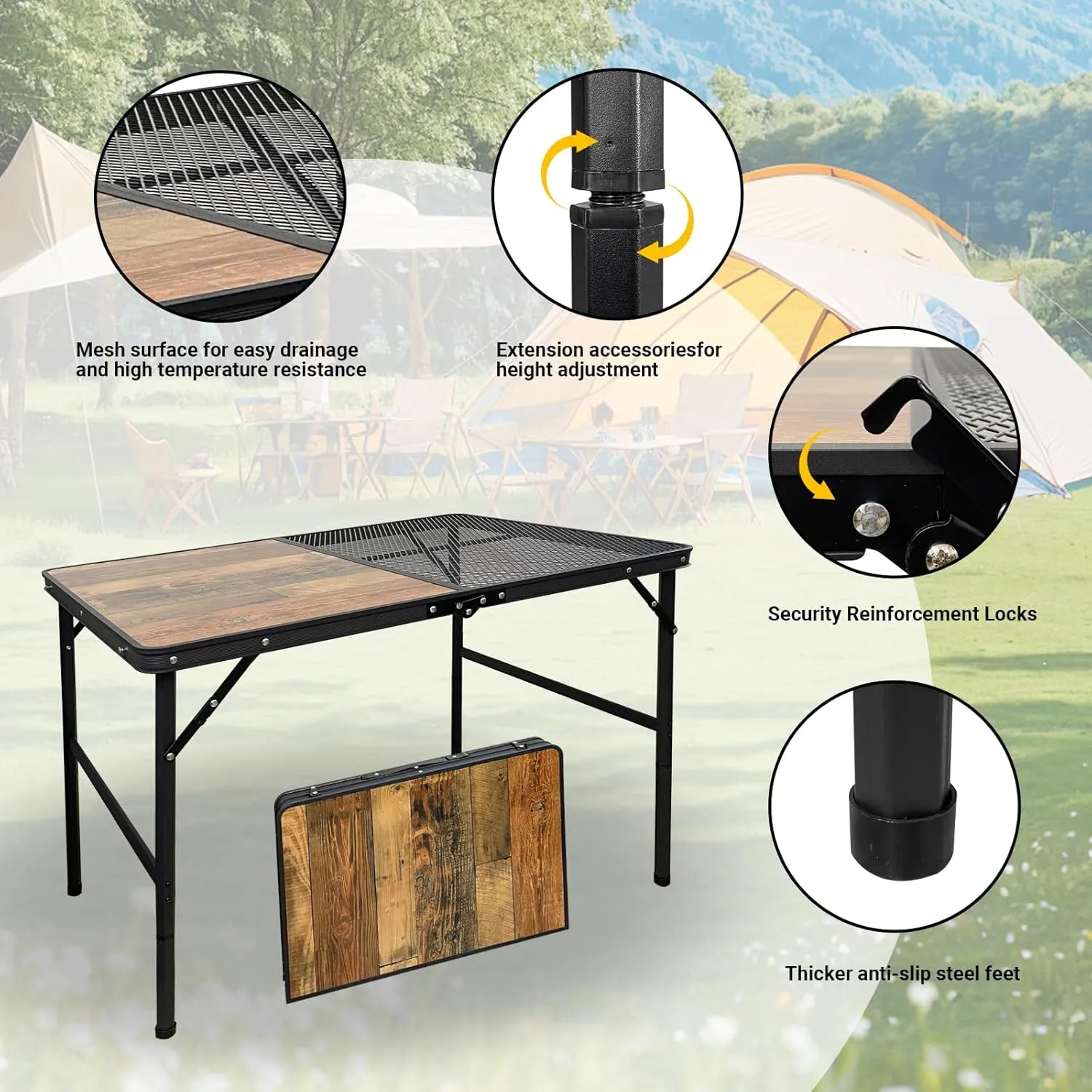 KINGROCK Folding Camping Table with Mesh Bag, Adjustable Height Grill Table for Outdoor Camping, Picnic, Patio, Dining, BBQ, Party