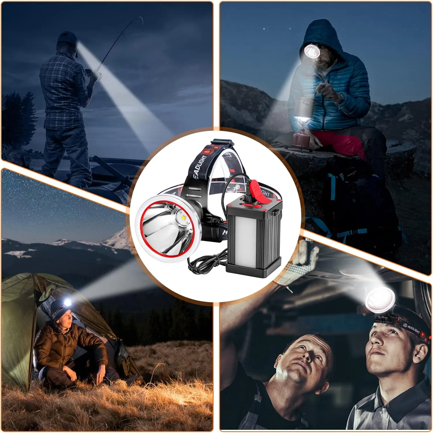 Kitness Powerful Separation LED Headlamp Portable Rechargeable Multifunction Headlight with External Side Light for Camping Hunting Fishing Outdoor (Yellow Light)