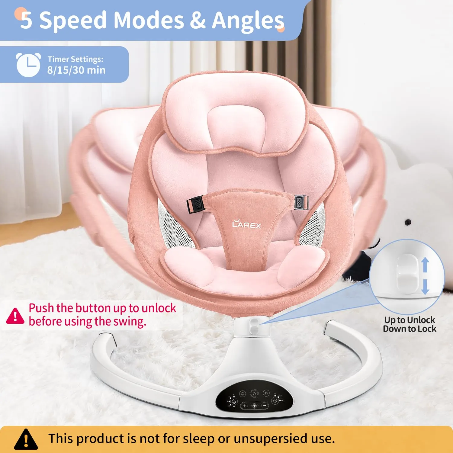 LAREX Baby Swing Infant Swing Electric Toddler Baby Rocker Portable for Newborn Boy Girl, 5 Sway Speeds with Remote Control, 10 Preset Melodies and Bluetooth, 0-6 Months Max 20 Lbs (Pink)
