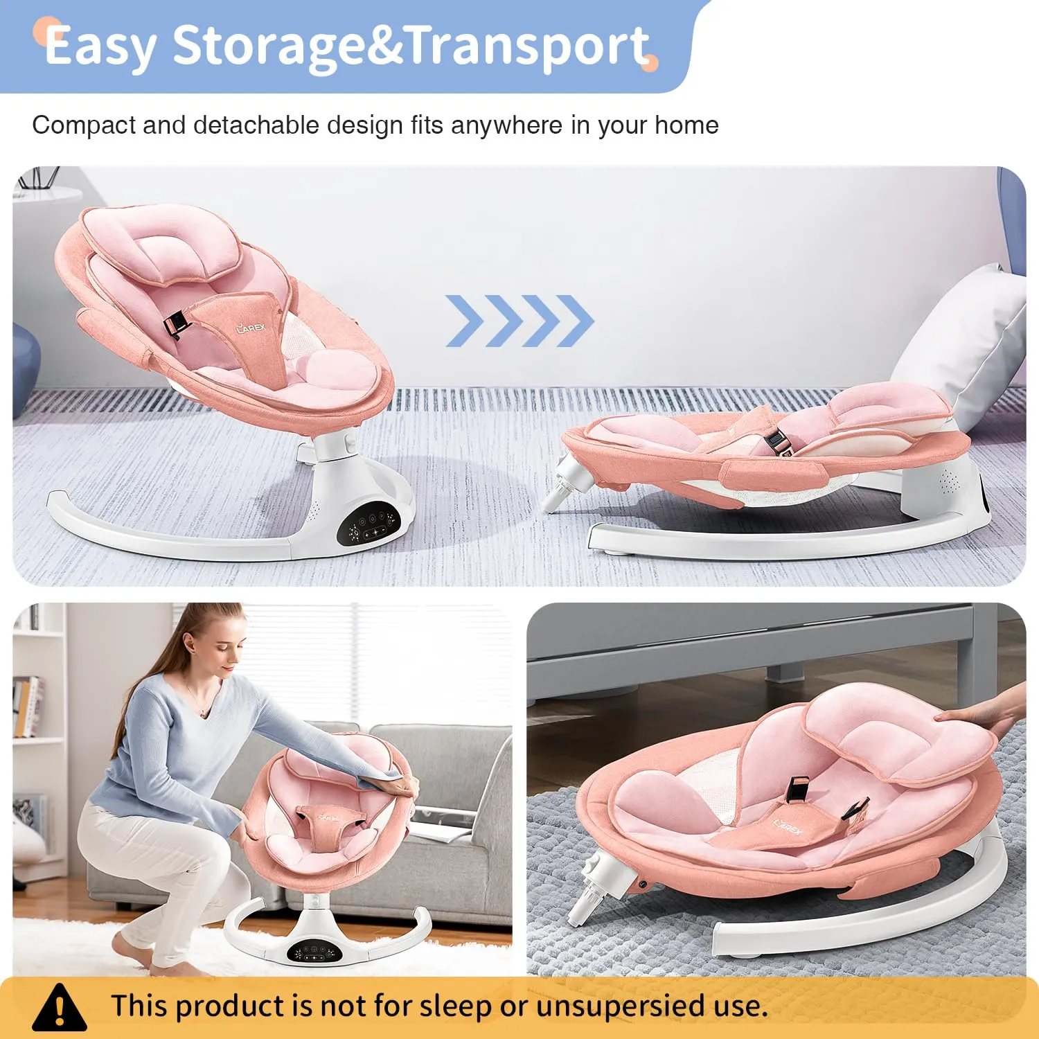 LAREX Baby Swing Infant Swing Electric Toddler Baby Rocker Portable for Newborn Boy Girl, 5 Sway Speeds with Remote Control, 10 Preset Melodies and Bluetooth, 0-6 Months Max 20 Lbs (Pink)