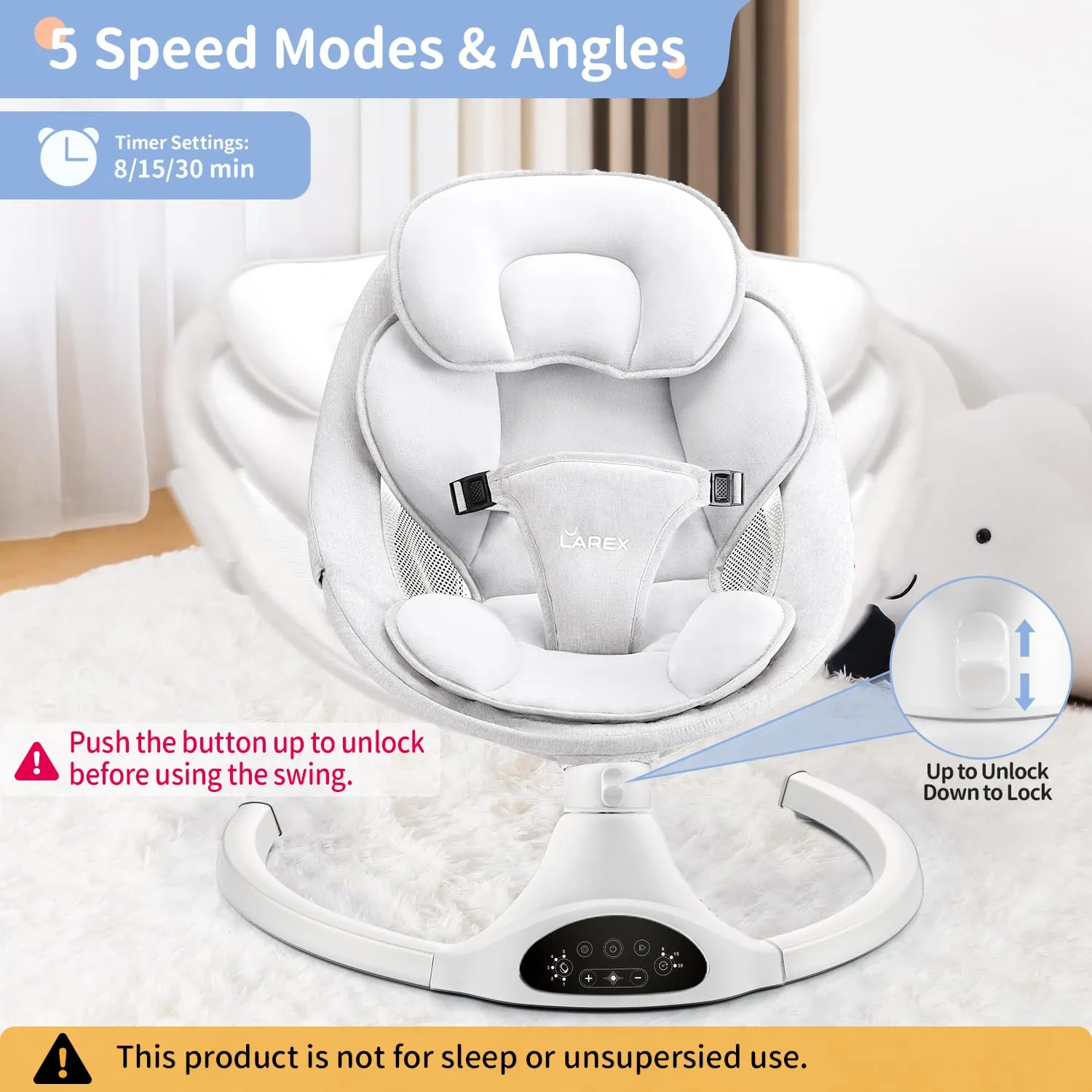 LAREX Baby Swing Infant Swing Electric Toddler Baby Rocker Portable for Newborn Boy Girl, 5 Sway Speeds with Remote Control, 10 Preset Melodies and Bluetooth, 0-6 Months Max 20 Lbs (White)