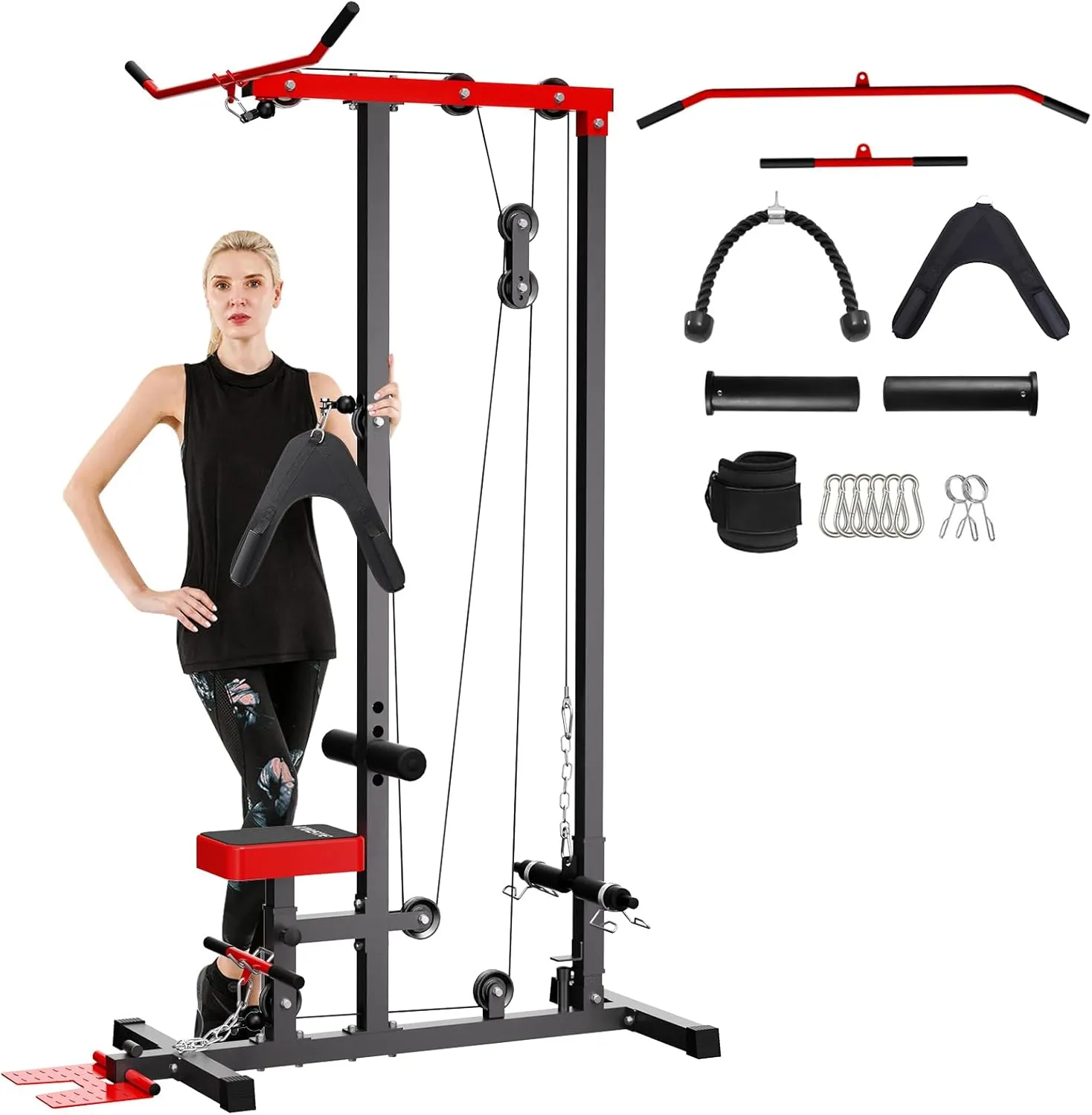 LAT Pull Down Machine Low Row Cable PullDown Machine with AB Crunch Harness and Removable Flip-up Foot Plate