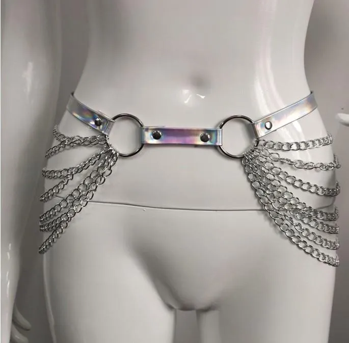 Layered metal chain o ring adjustable PU leather belt