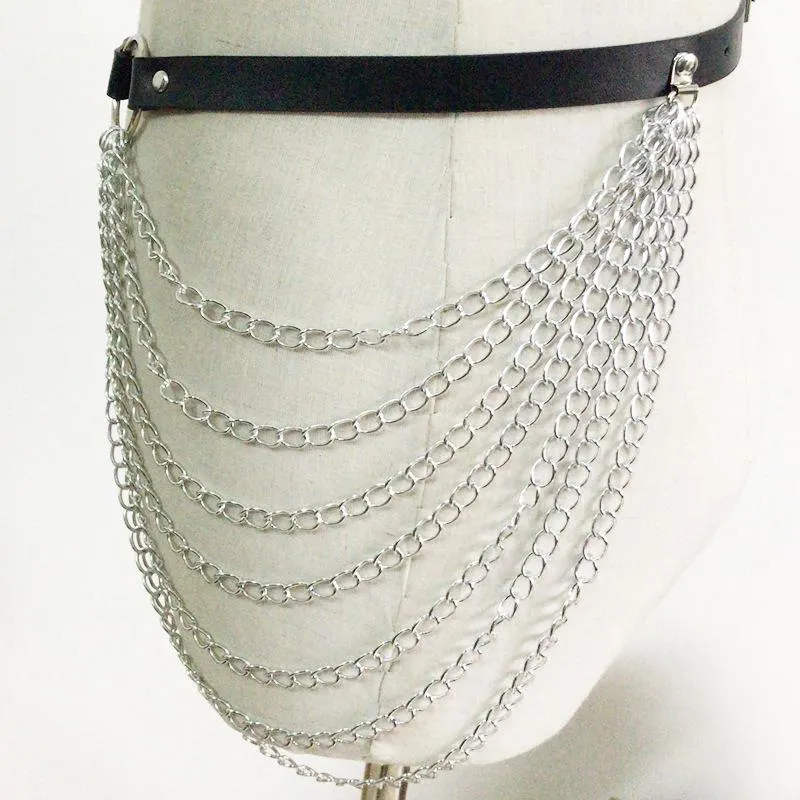 Layered metal chain o ring adjustable PU leather belt