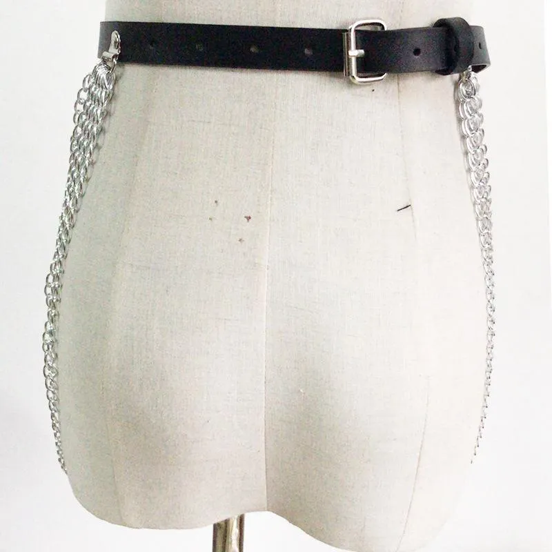 Layered metal chain o ring adjustable PU leather belt