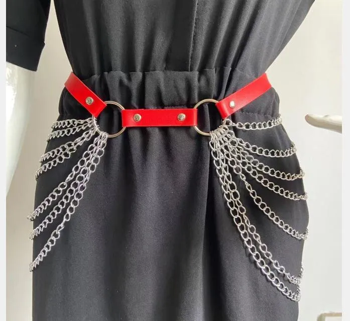 Layered metal chain o ring adjustable PU leather belt