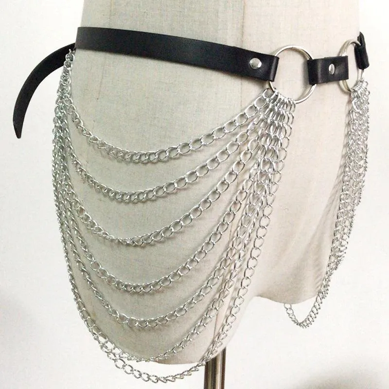 Layered metal chain o ring adjustable PU leather belt