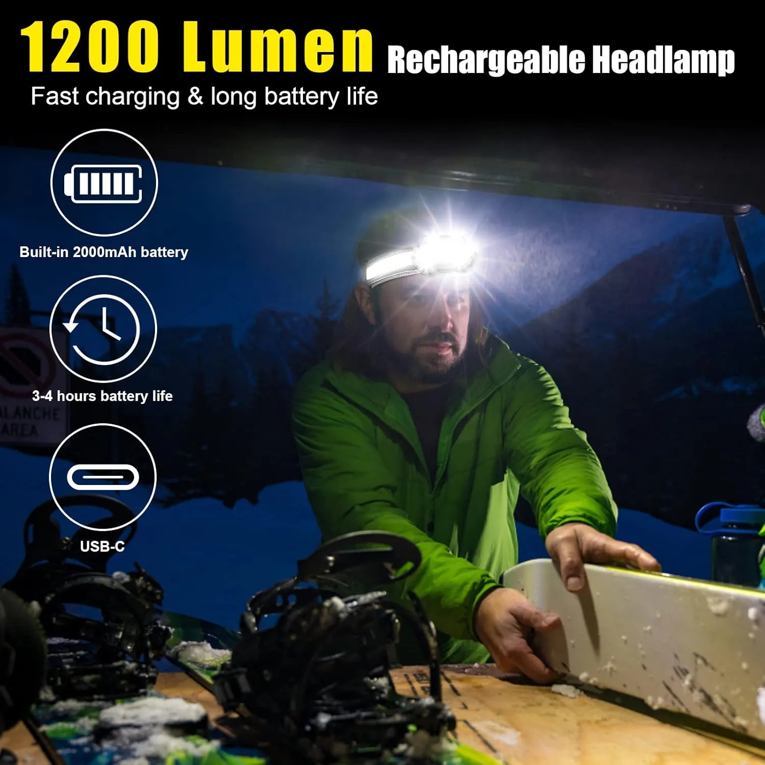 LED Headlamp Rechargeable, 1200 Lumen Super Bright Headlamp Flashlight, 270° Wide Beam LED Headlamps with Red Taillight, 8 Mode Lightweight Waterproof Head Lamp for Outdoor Camping Fishing Running