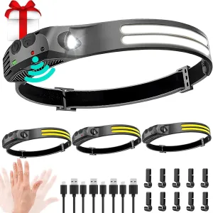 LED Headlamp Rechargeable 4PCS - 230° COB Super Bright Head Lights for Forehead, Hard hat Light for Adults, USB C Headband Flashlight for Work, Hiking, Running, Camping Essentials Gear