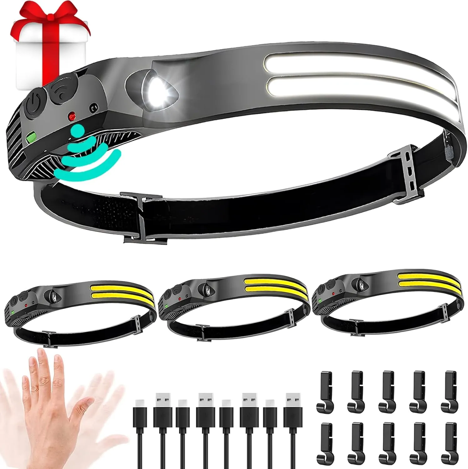 LED Headlamp Rechargeable 4PCS - 230° COB Super Bright Head Lights for Forehead, Hard hat Light for Adults, USB C Headband Flashlight for Work, Hiking, Running, Camping Essentials Gear