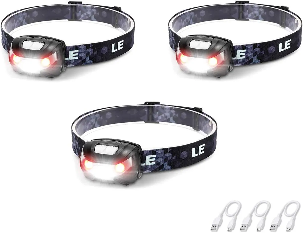Lepro LED Headlamp Rechargeable 3 Packs - Super Bright Head Lamp with 5 Modes for Camping & Hiking Gear Essentials, IPX4 Waterproof Headlight Flashlight with Red Light, USB Cable Included