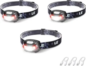 Lepro LED Headlamp Rechargeable 3 Packs - Super Bright Head Lamp with 5 Modes for Camping & Hiking Gear Essentials, IPX4 Waterproof Headlight Flashlight with Red Light, USB Cable Included