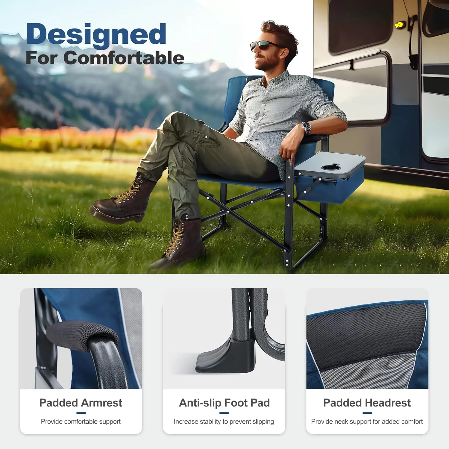 LET'S CAMP Oversized Folding Director Chair Outdoor Heavy Duty Camping Chair with Side Table and Cooler Bag for Picnic, Hiking, Fishing, Supports 350LBS,2 Pack