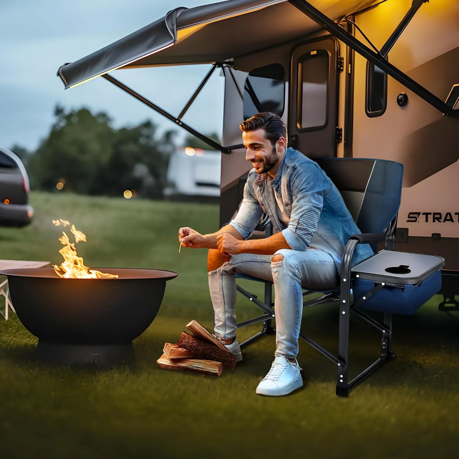 LET'S CAMP Oversized Folding Director Chair Outdoor Heavy Duty Camping Chair with Side Table and Cooler Bag for Picnic, Hiking, Fishing, Supports 350LBS,2 Pack