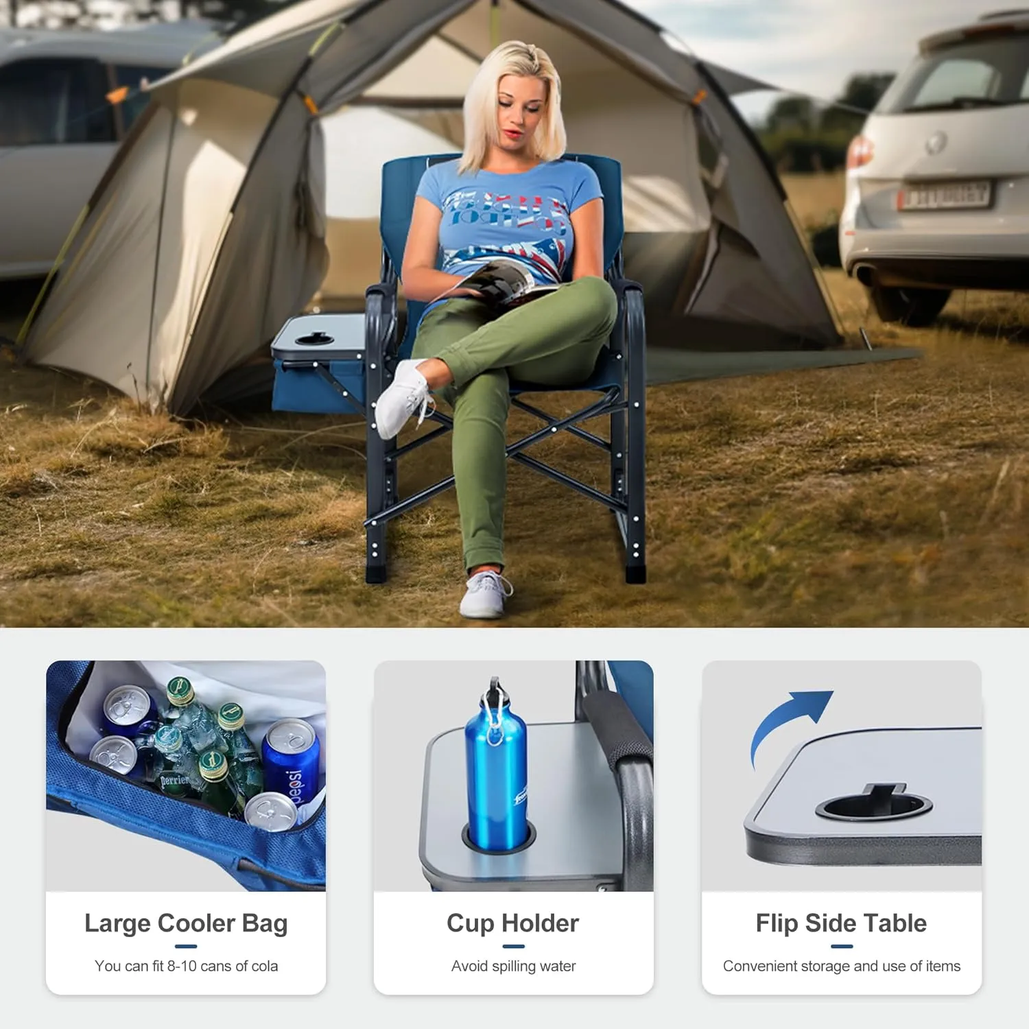 LET'S CAMP Oversized Folding Director Chair Outdoor Heavy Duty Camping Chair with Side Table and Cooler Bag for Picnic, Hiking, Fishing, Supports 350LBS,2 Pack