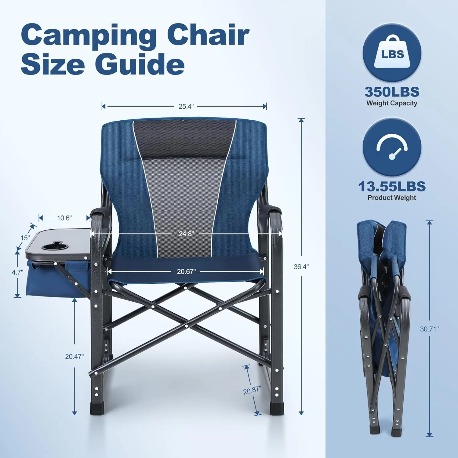 LET'S CAMP Oversized Folding Director Chair Outdoor Heavy Duty Camping Chair with Side Table and Cooler Bag for Picnic, Hiking, Fishing, Supports 350LBS,2 Pack