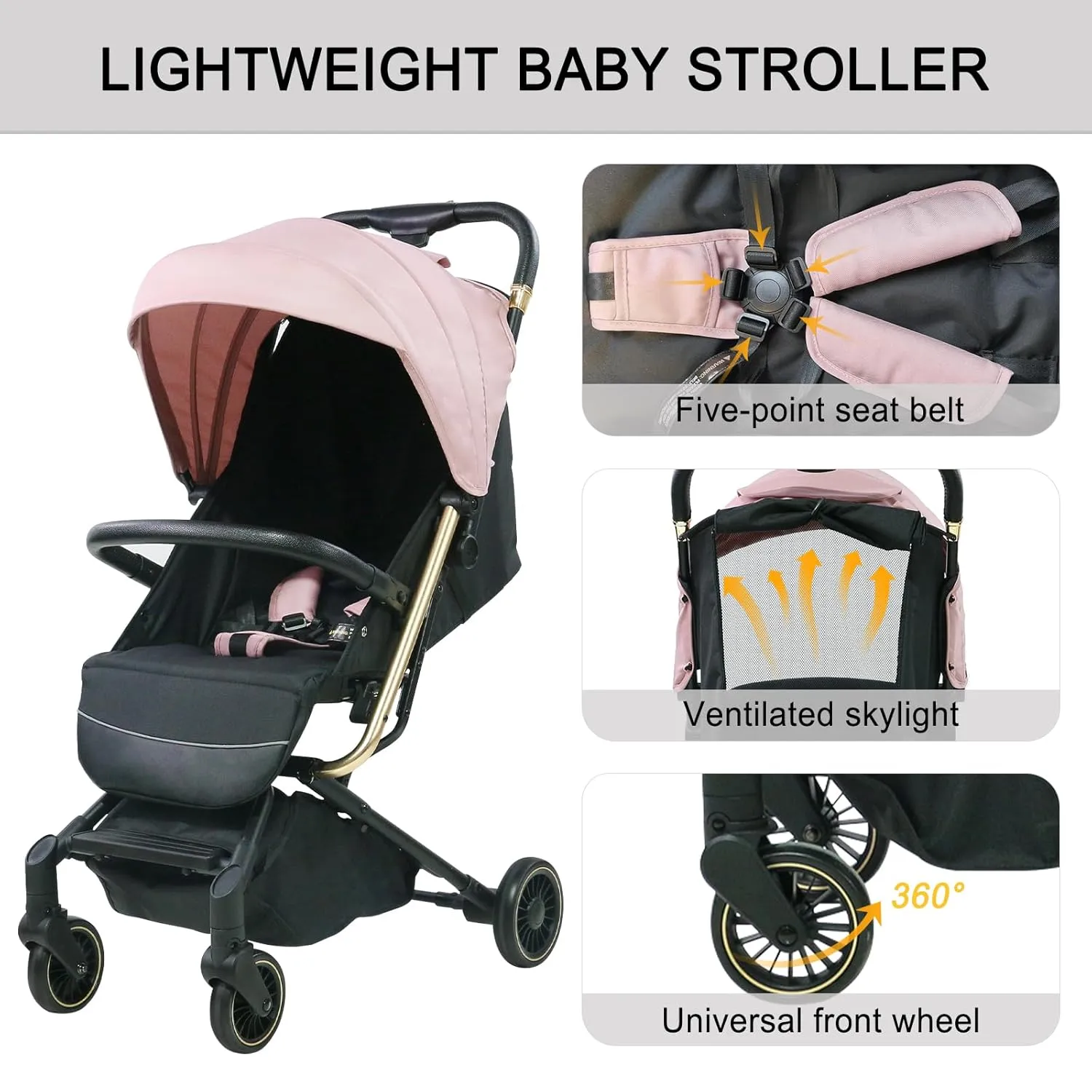 Lightweight Baby Stroller,Ultra Compact & Airplane-Friendly Travel Stroller, One-Handed Folding for Toddler, Only 13lbs,with Sleep Shade, Oversize Basket (Pink)