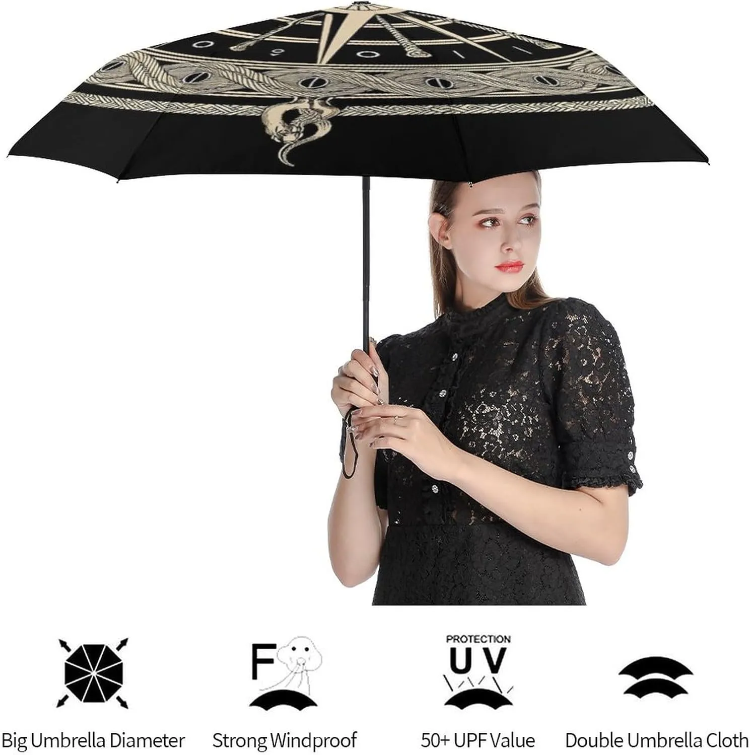 Lightweight Portable Travel Auto Folding Umbrella With Black Glue Anti UV Coating - Black Celtic Viking Magical Runic Compass Vegvisir Circle Of Norse Runes Art Golf Umbrellas Waterproof Umbrellas