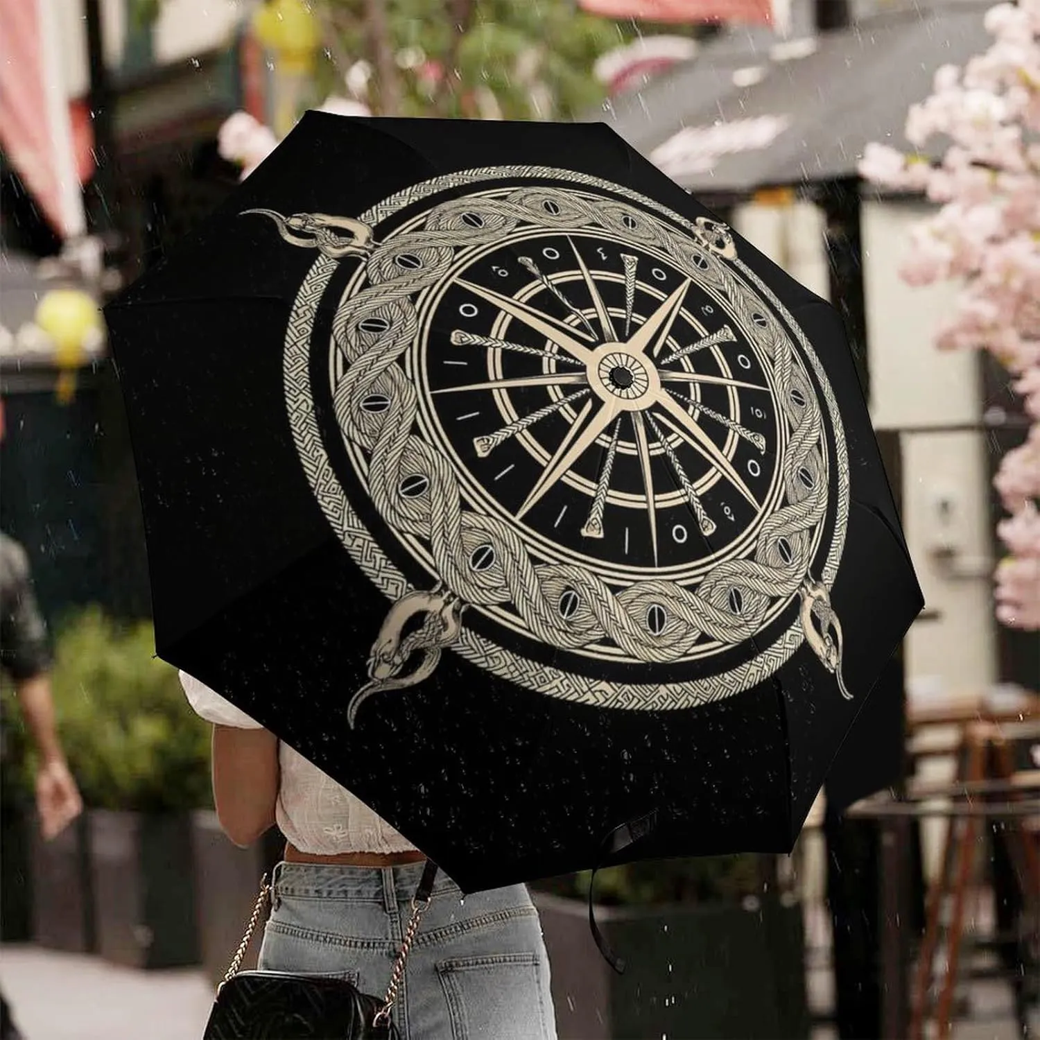 Lightweight Portable Travel Auto Folding Umbrella With Black Glue Anti UV Coating - Black Celtic Viking Magical Runic Compass Vegvisir Circle Of Norse Runes Art Golf Umbrellas Waterproof Umbrellas