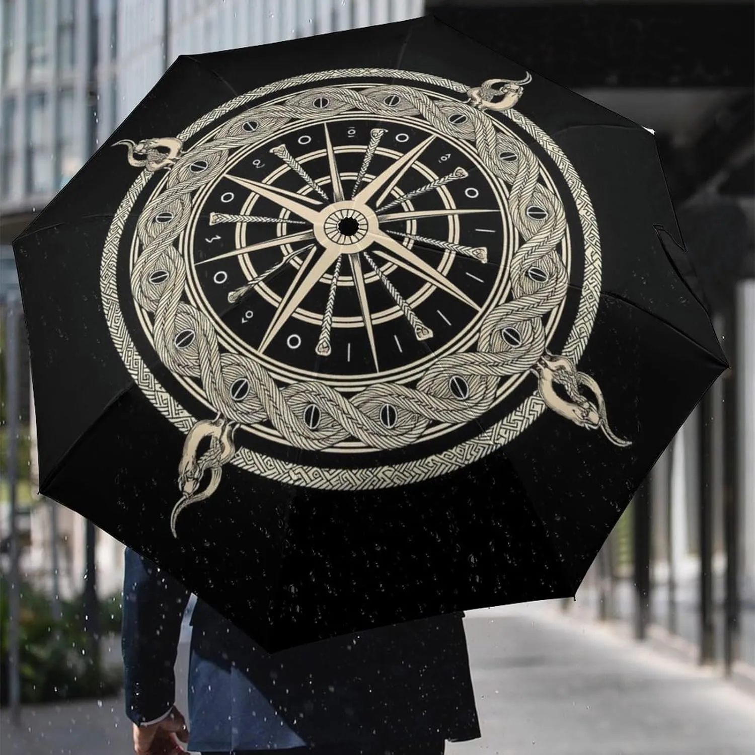 Lightweight Portable Travel Auto Folding Umbrella With Black Glue Anti UV Coating - Black Celtic Viking Magical Runic Compass Vegvisir Circle Of Norse Runes Art Golf Umbrellas Waterproof Umbrellas