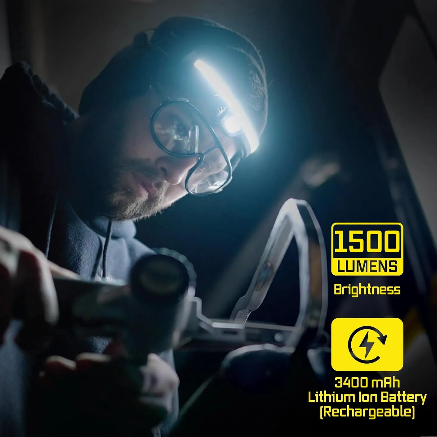 Liteband PRO 1500 Lumens LED Headlamp, Rechargeable Battery Powered, Super Bright Tactical Head Lamp Flashlight Hard Hat Light, Mechanic Lamps, Camping, Running, Best Rated For Adults Forehead, Camo