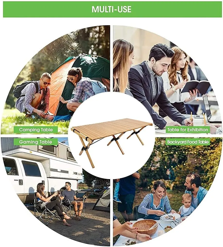 LJYT Portable Camping Folding Table, Ultralight Roll Up Top Wooden Table, Compact Collapsible with Carry Bag, for Outdoor Cooking, Picnic, Hiking, Beach, BBQ, Fishing