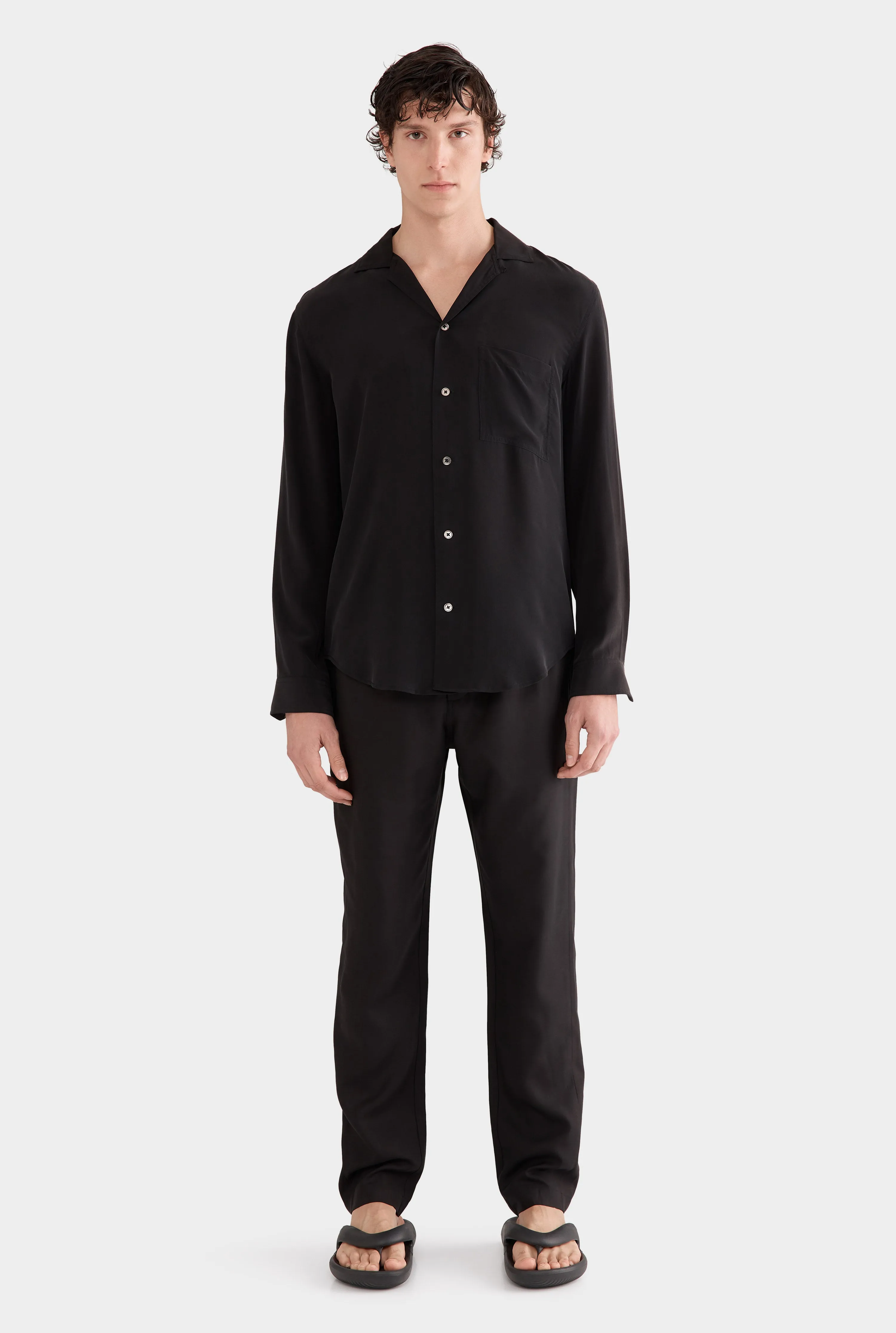Long Sleeve Silk Curved Hem Camp Collar Shirt - Black