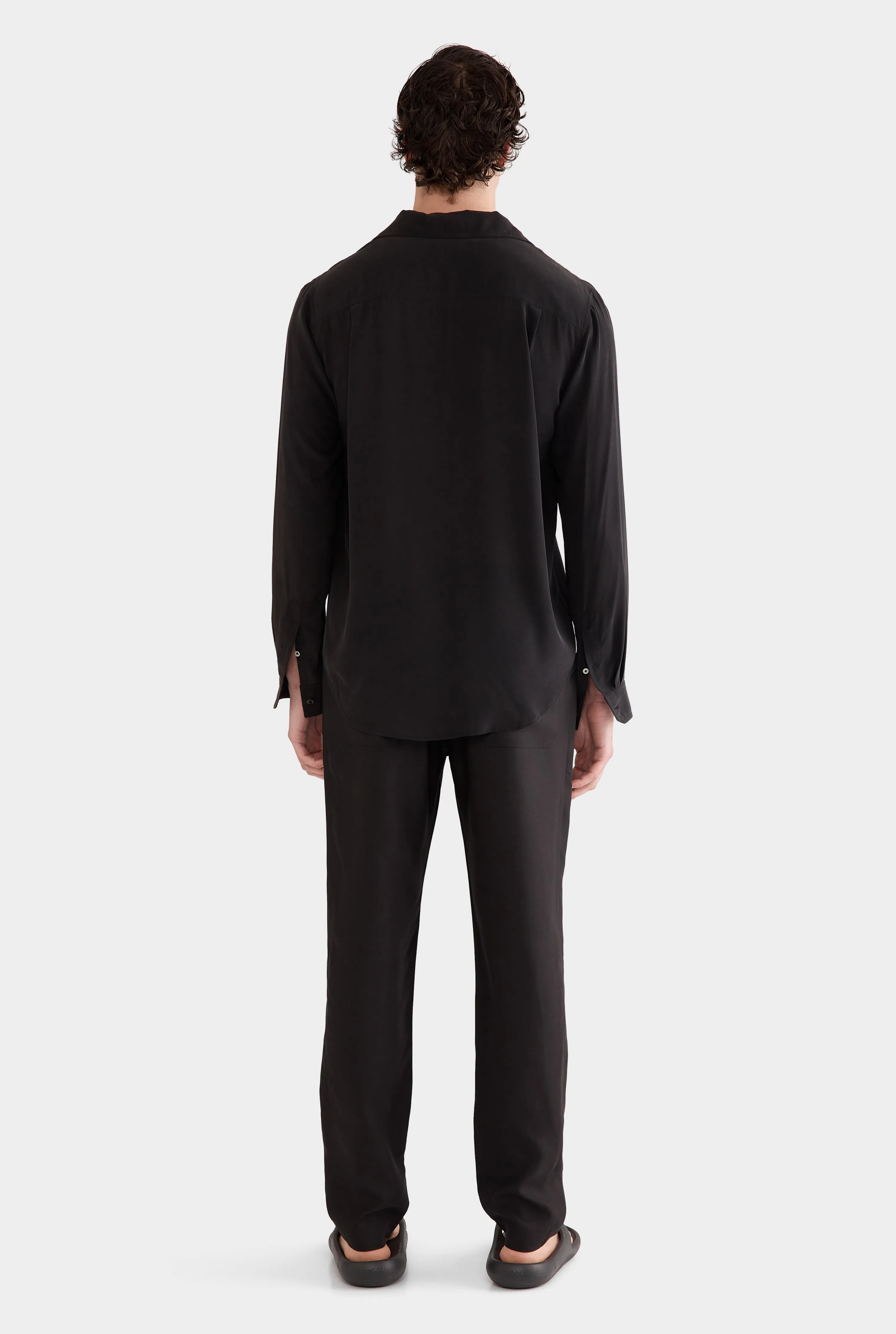 Long Sleeve Silk Curved Hem Camp Collar Shirt - Black