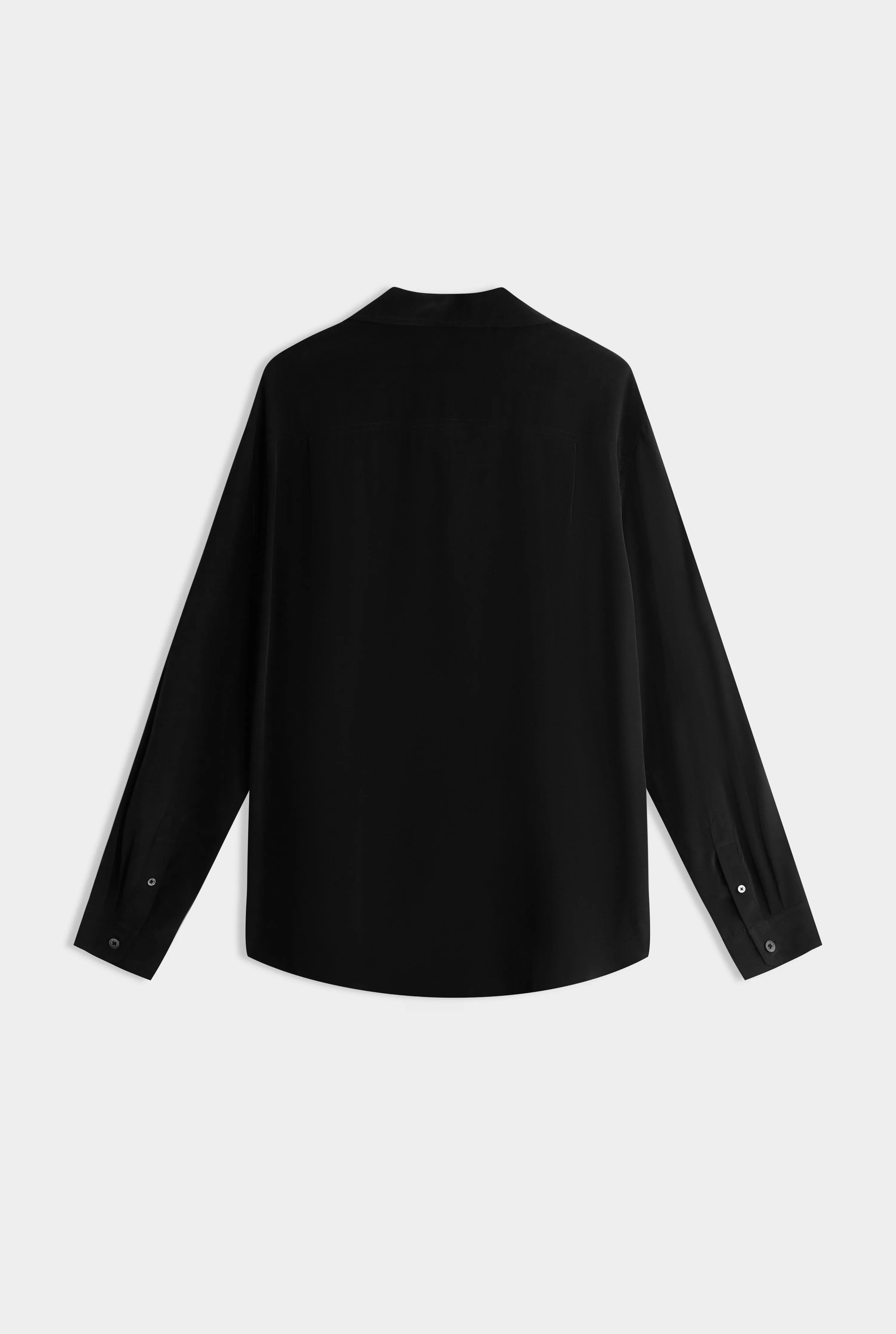 Long Sleeve Silk Curved Hem Camp Collar Shirt - Black