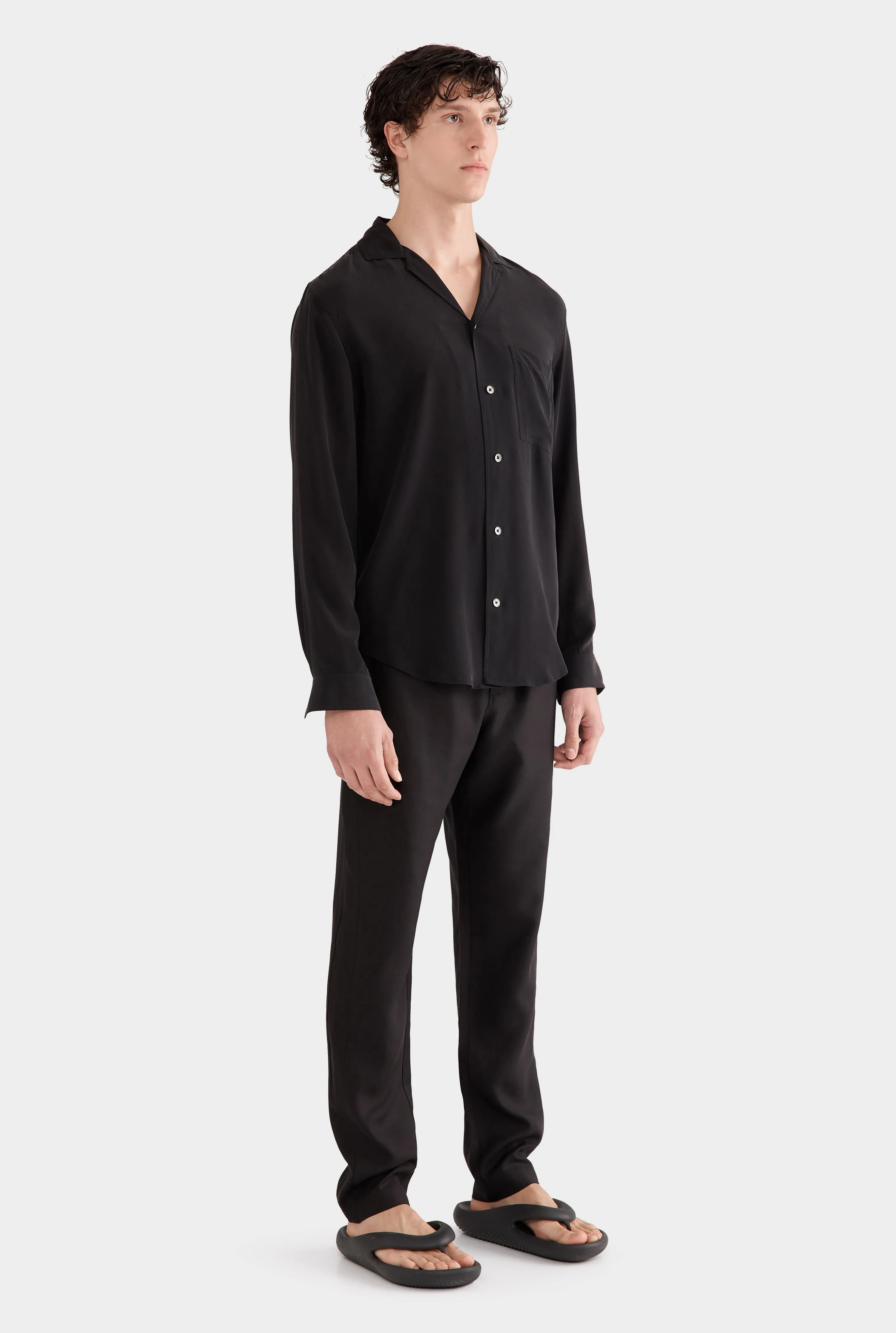 Long Sleeve Silk Curved Hem Camp Collar Shirt - Black