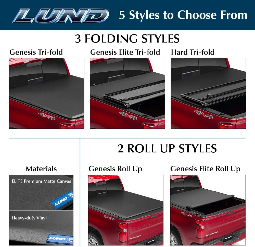 Lund Genesis Tri-Fold Soft Folding Truck Bed Tonneau Cover | 950120 | Fits 2014 - 2021 Toyota Tundra w/track system 5' 7" Bed (66.7")