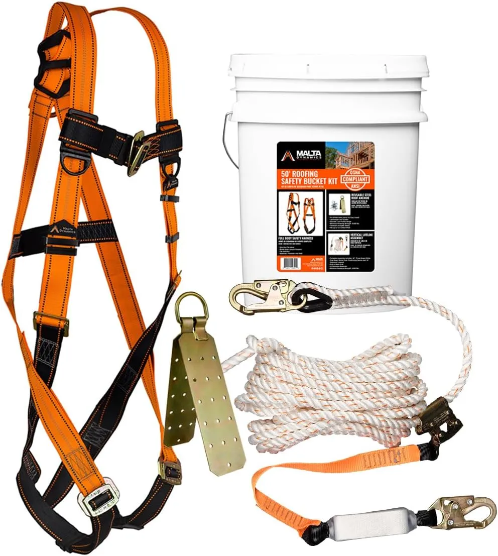 Malta Dynamics 50’ Roofer's Safety Bucket Kit – Warthog Pass-Thru Safety Harness, Reusable Roof Anchor, and 50’ Vertical Lifeline Assembly, OSHA/ANSI Compliant