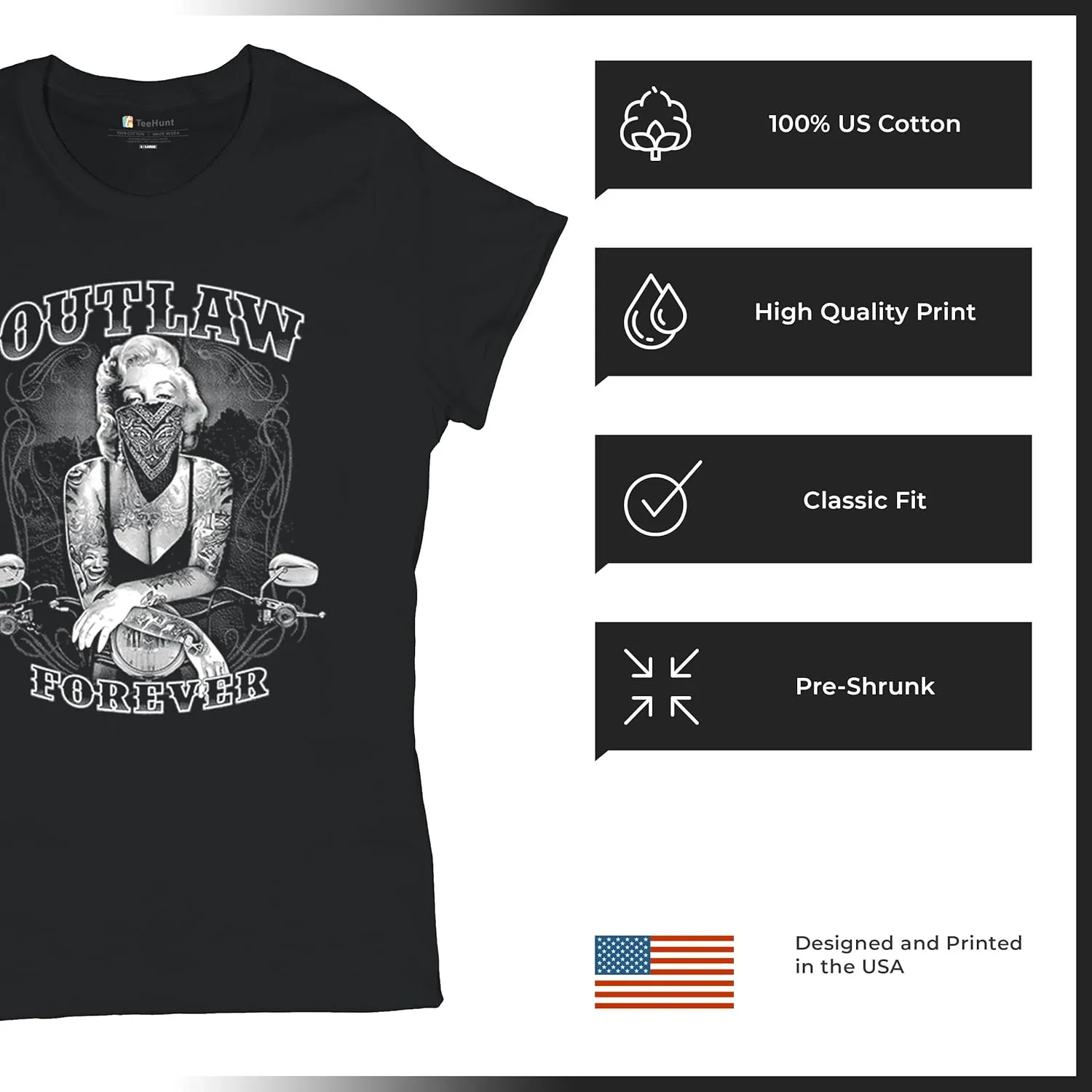 Marilyn Hollywood Glamour Legend Starlet Outlaw Forever T-Shirt Biker Live to Ride Motorcycle Women's Tee