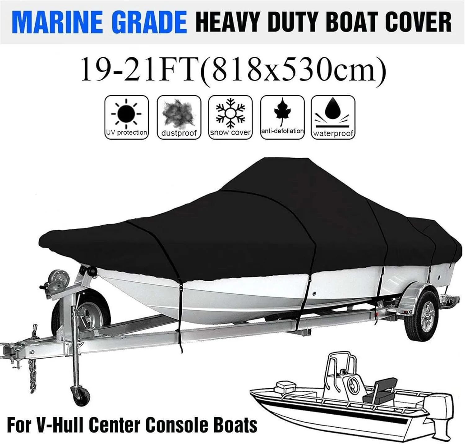Marine Accessories 17ft-25ft Heavy-Duty V-Hull Center Console Boat Cover 600D Waterproof Trailerable V-Hull Boat Shelter Canopy Dust-Proof Anti-UV(19-21ft)