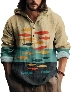 MARSVOVO Mens Hooded Shirt Vintage Retro 3 Button Long Sleeve Light Hoodie Fashion Casual Daily Tops for Spring Fall