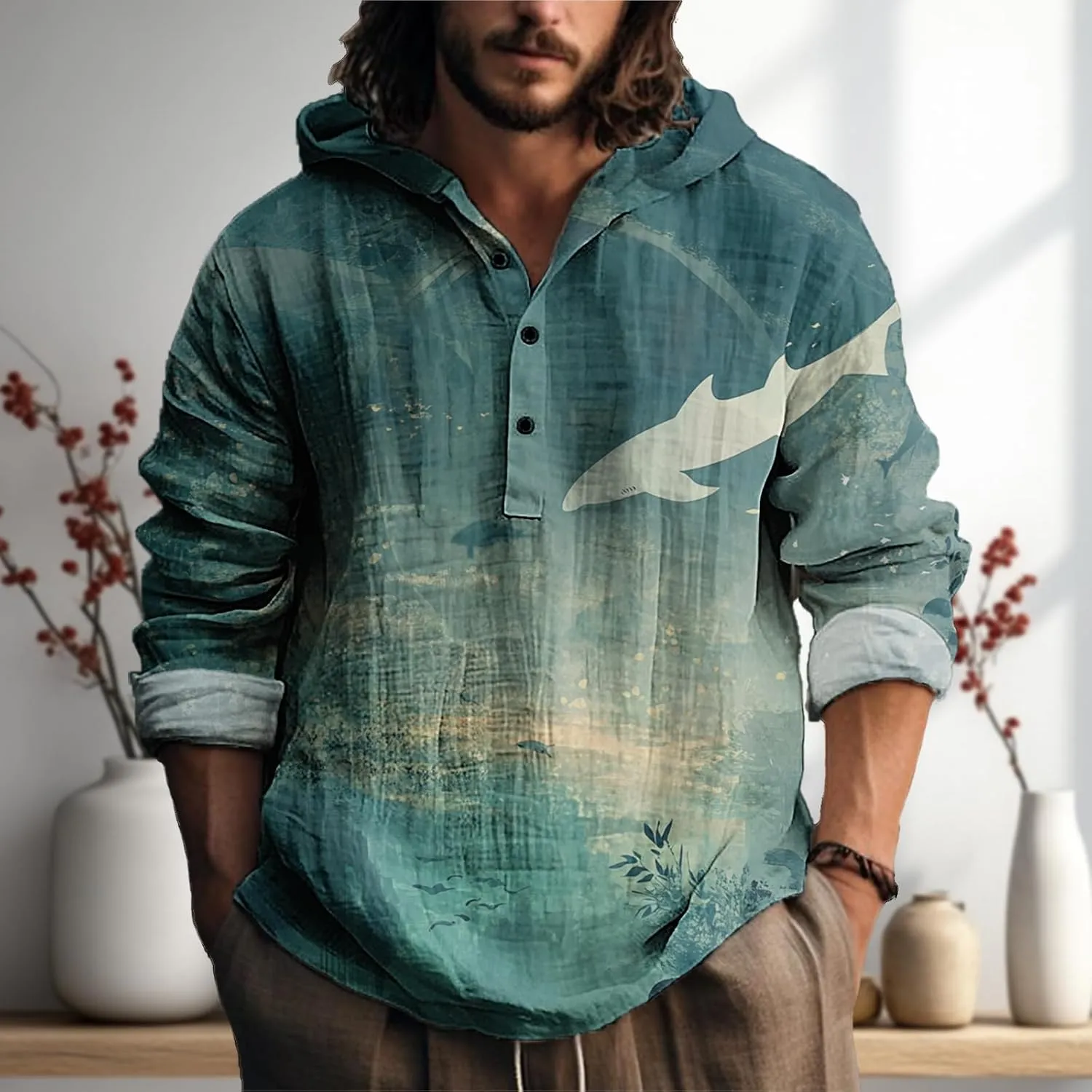 MARSVOVO Mens Hooded Shirt Vintage Retro 3 Button Long Sleeve Light Hoodie Fashion Casual Daily Tops for Spring Fall