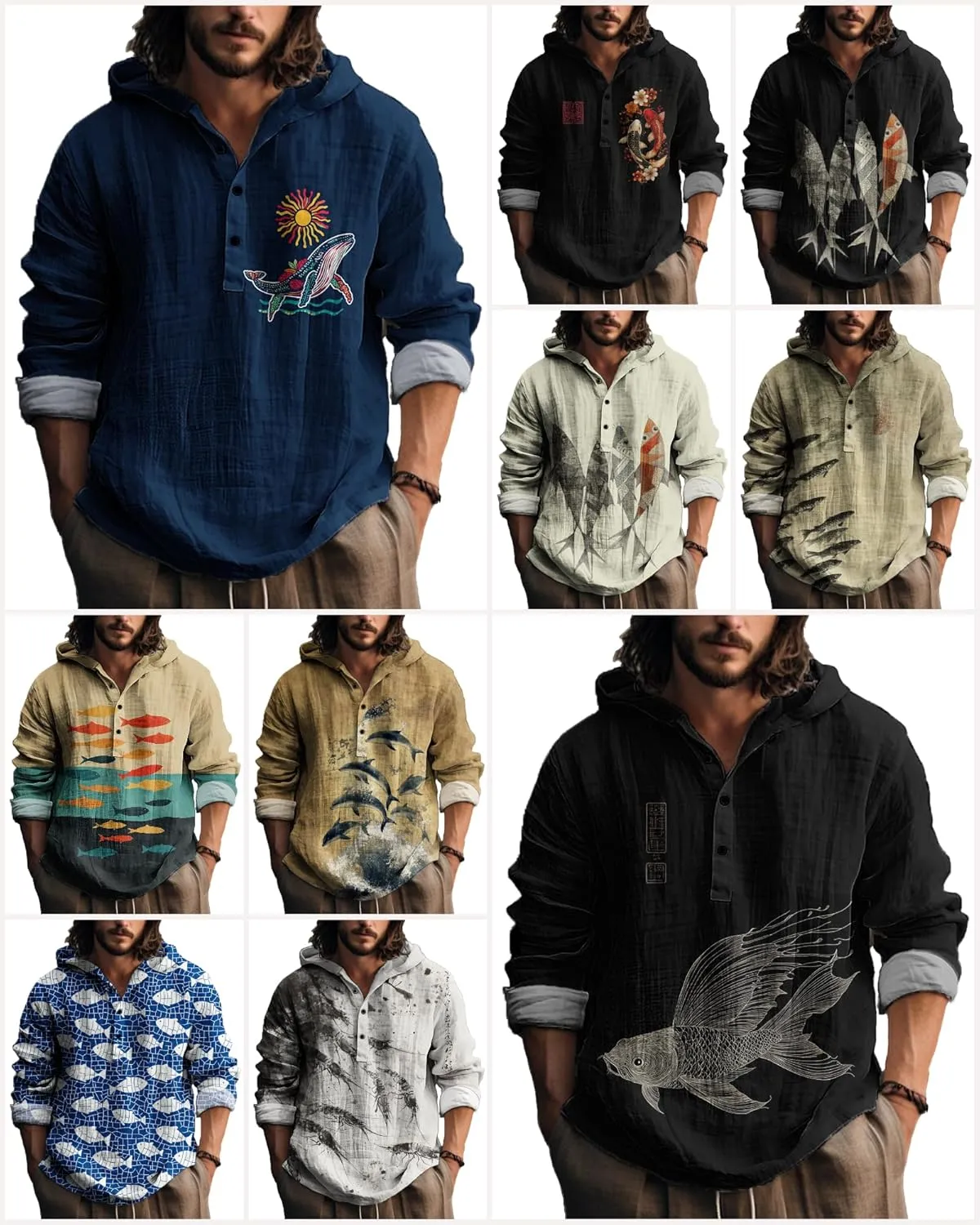 MARSVOVO Mens Hooded Shirt Vintage Retro 3 Button Long Sleeve Light Hoodie Fashion Casual Daily Tops for Spring Fall
