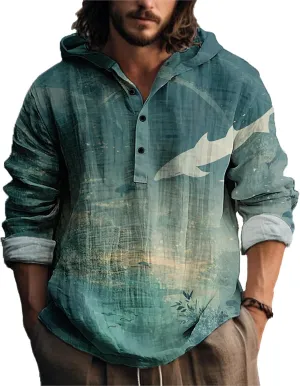 MARSVOVO Mens Hooded Shirt Vintage Retro 3 Button Long Sleeve Light Hoodie Fashion Casual Daily Tops for Spring Fall