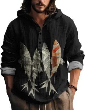 MARSVOVO Mens Hooded Shirt Vintage Retro 3 Button Long Sleeve Light Hoodie Fashion Casual Daily Tops for Spring Fall