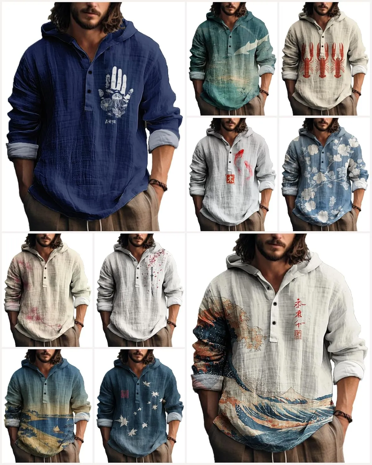 MARSVOVO Mens Hooded Shirt Vintage Retro 3 Button Long Sleeve Light Hoodie Fashion Casual Daily Tops for Spring Fall