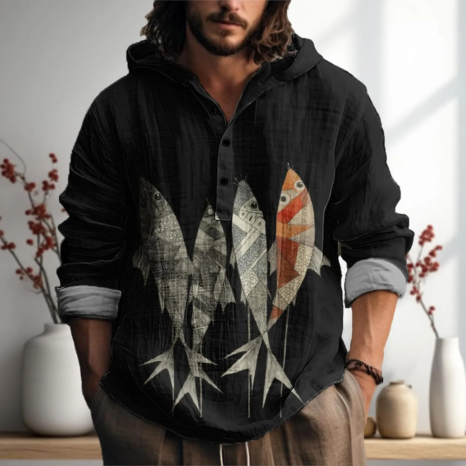 MARSVOVO Mens Hooded Shirt Vintage Retro 3 Button Long Sleeve Light Hoodie Fashion Casual Daily Tops for Spring Fall