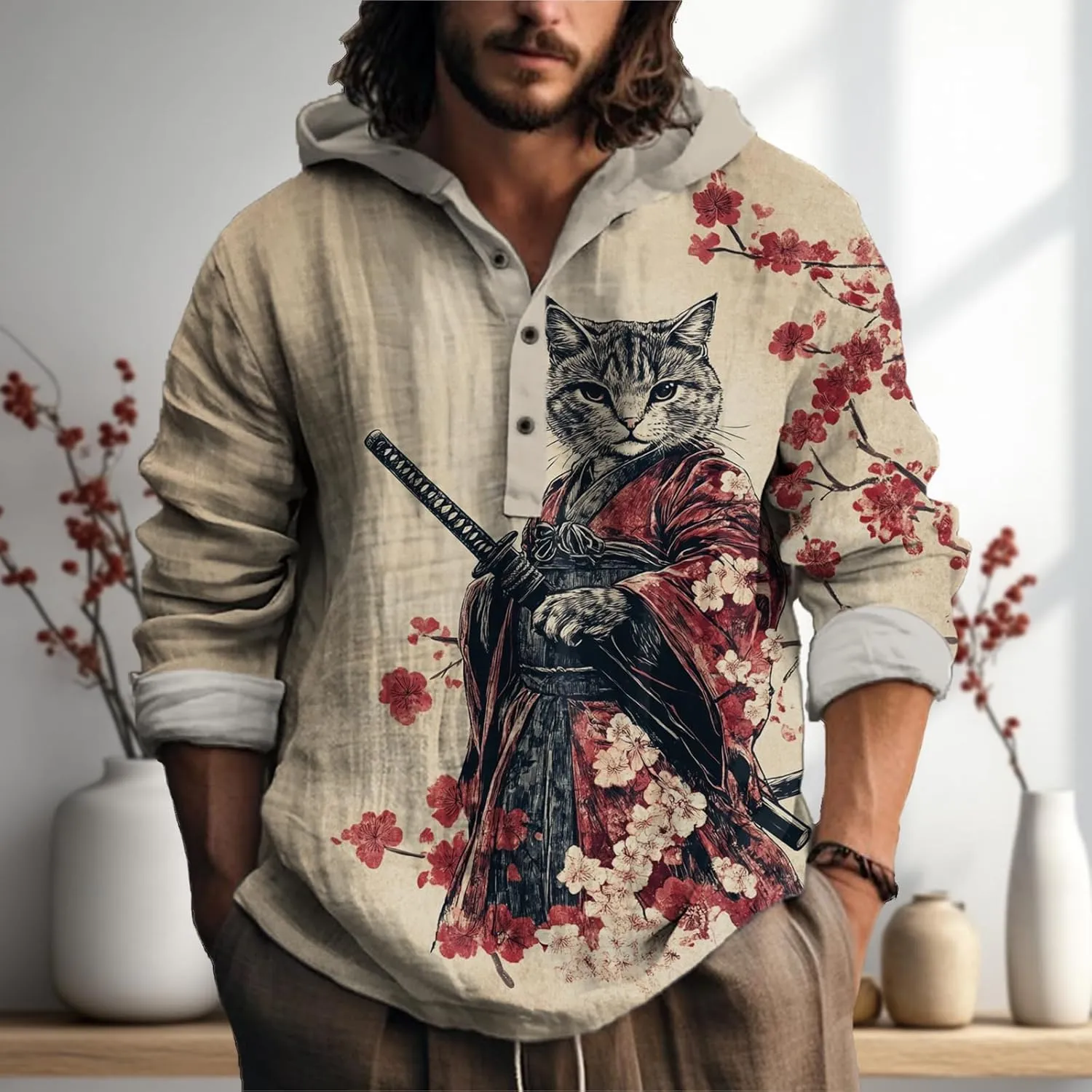MARSVOVO Mens Japanese Art Long Sleeve Hooded Shirts Lightweight Quarter Button Hoodie Casual Cool Tops for Spring Fall