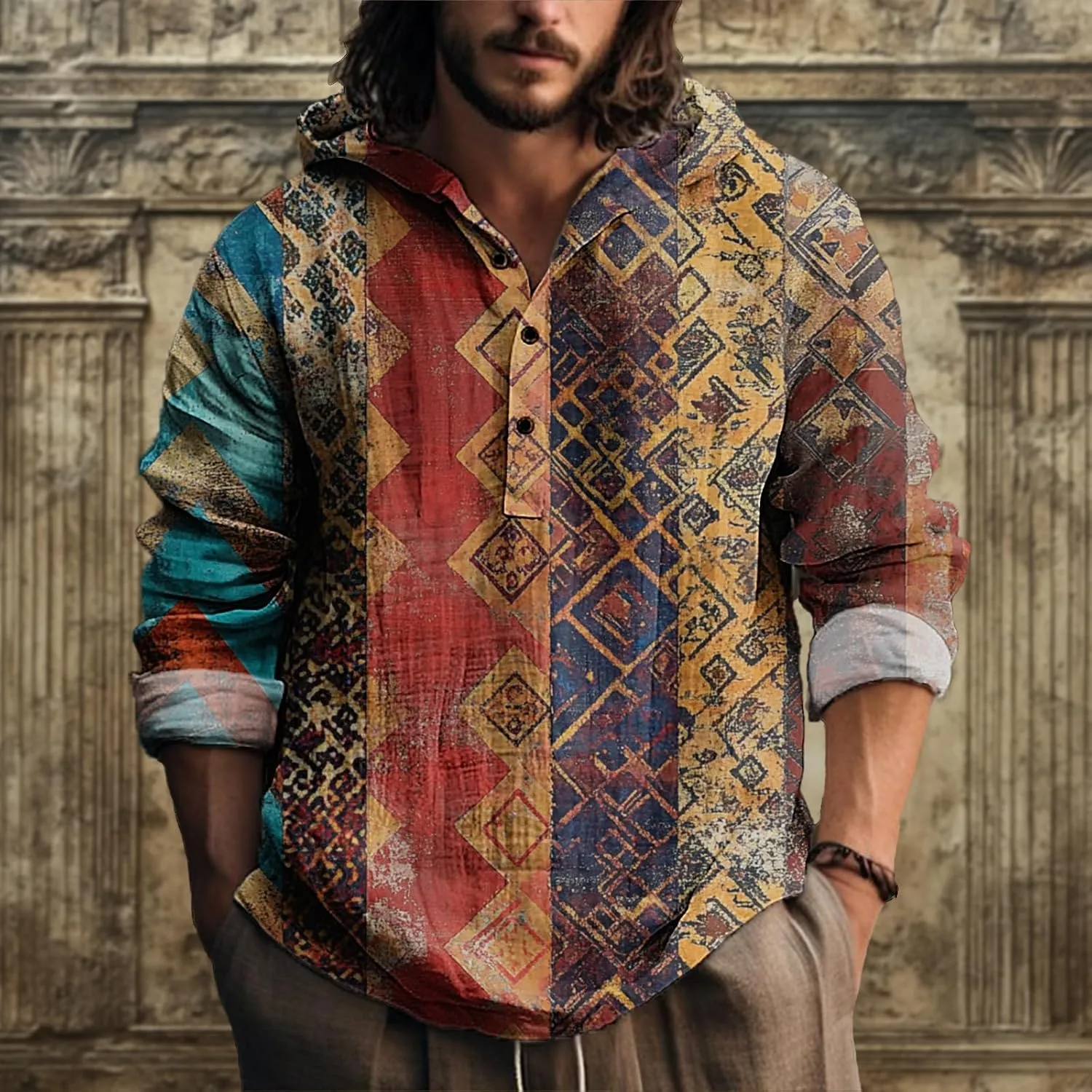 MARSVOVO Vintage Ethnic Men's Lightweight Hoodie Long Sleeve 3 Button Hooded Shirt Comfy Cool Daily Tops for Spring Fall