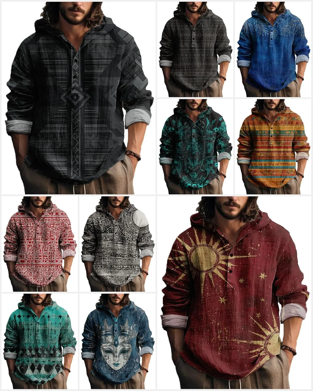 MARSVOVO Vintage Ethnic Men's Lightweight Hoodie Long Sleeve 3 Button Hooded Shirt Comfy Cool Daily Tops for Spring Fall