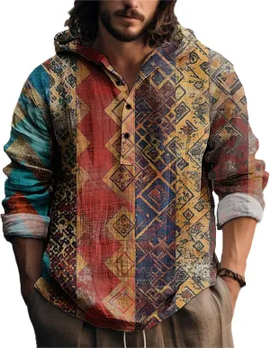 MARSVOVO Vintage Ethnic Men's Lightweight Hoodie Long Sleeve 3 Button Hooded Shirt Comfy Cool Daily Tops for Spring Fall